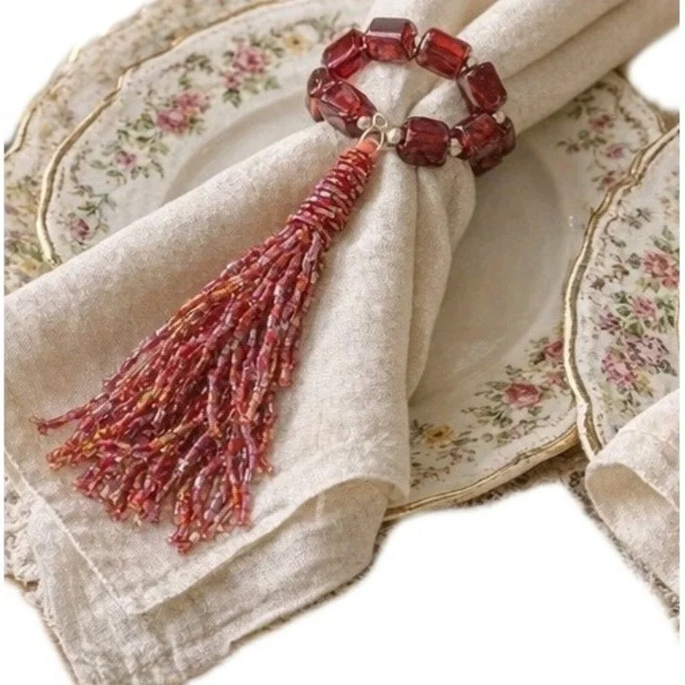 NIP Pampered Chef Red Glass Beaded Napkin Rings Tassel Set Of 2 Cottagecore Pink